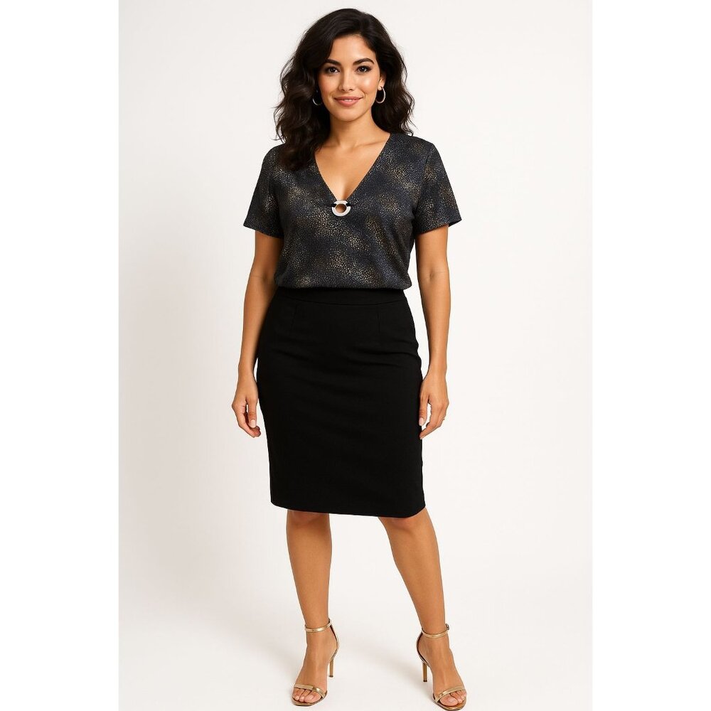 Adrienne Vittadini Metallic Ring Detail Short Sleeve Top In Abstract Print XL